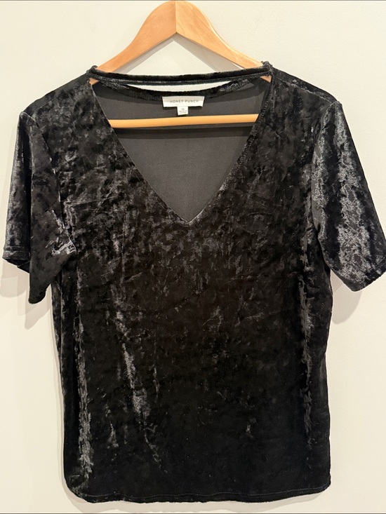 Honey Punch Tops - Honey Punch Black Crushed Velvet V-Neck Short Sleeve Top with Mock Neck